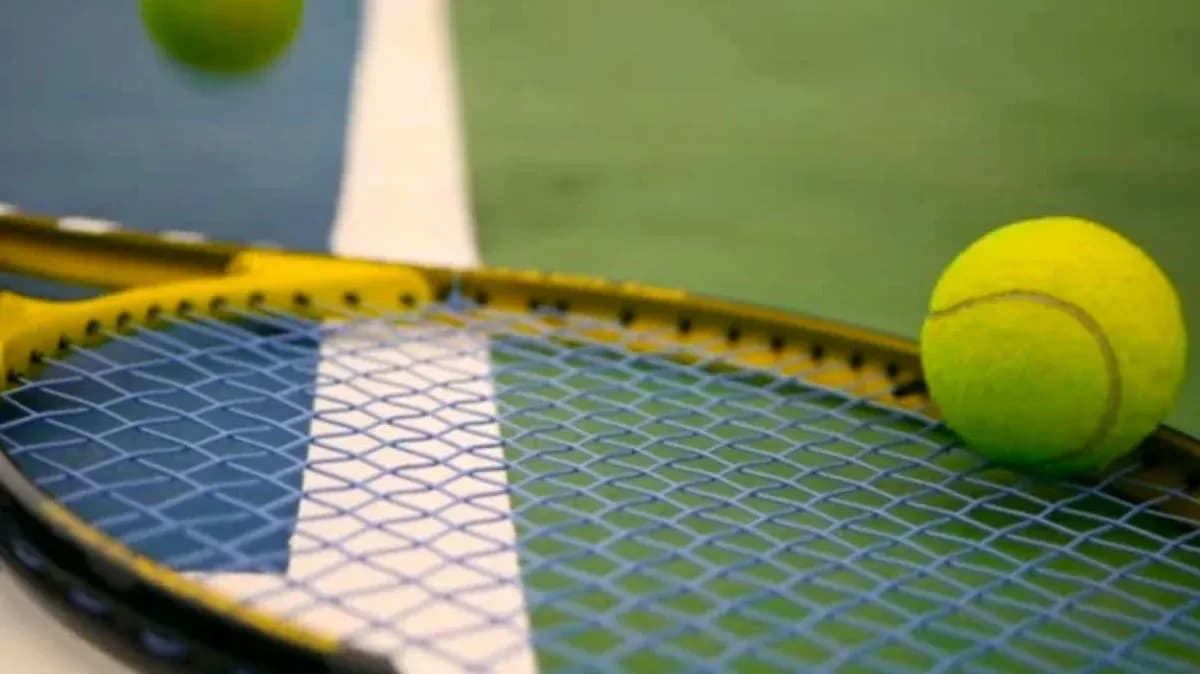 Tennis ball resting on racket strings