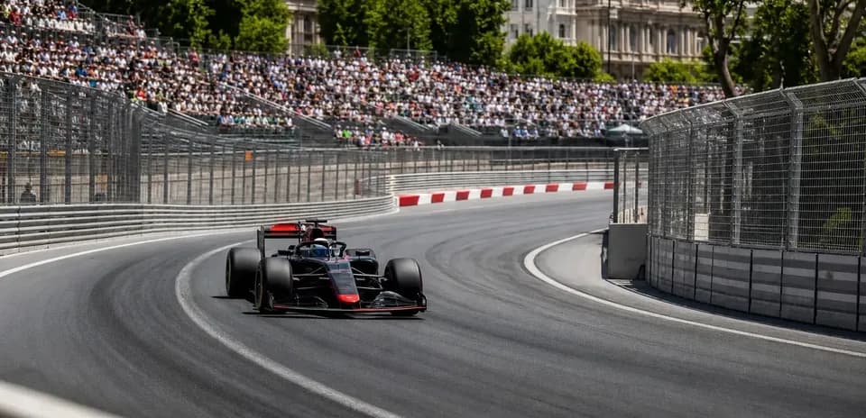 Formula 1 car racing on a winding street circuit