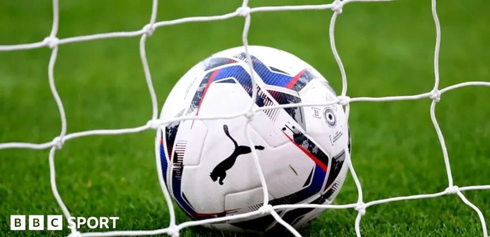 Football resting in the goal net on grass