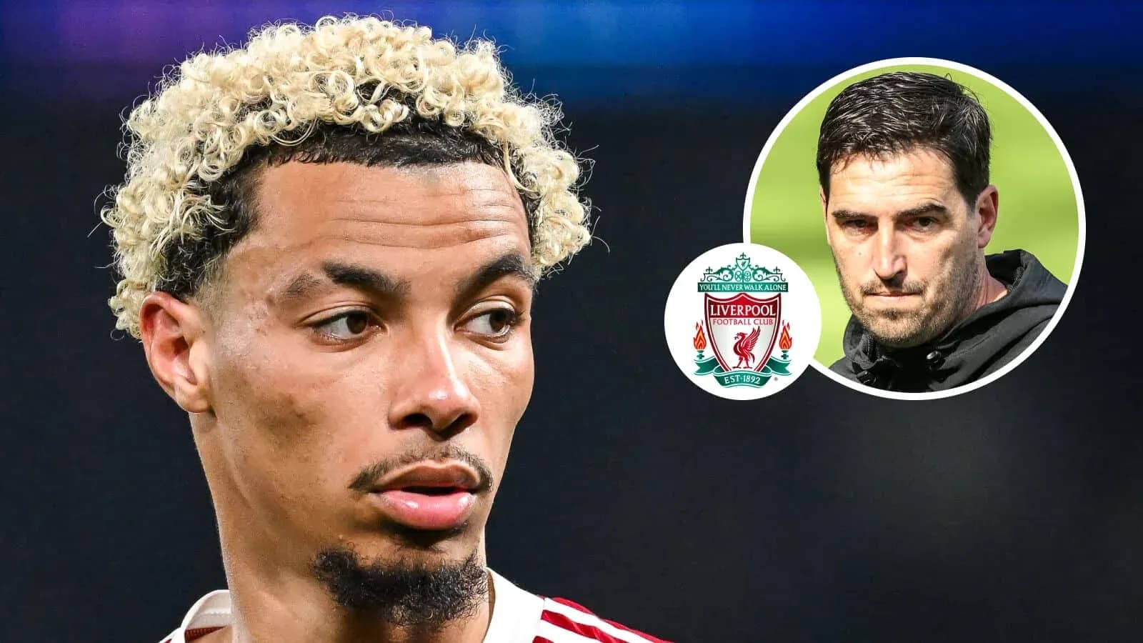 Player with curly hair and Liverpool logo in background