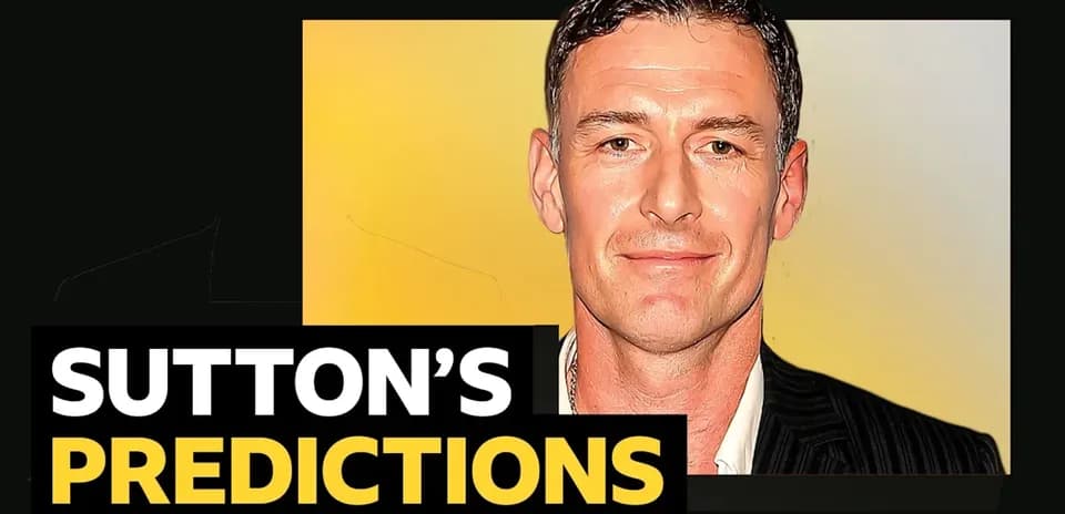 Man presenting football predictions with text overlay