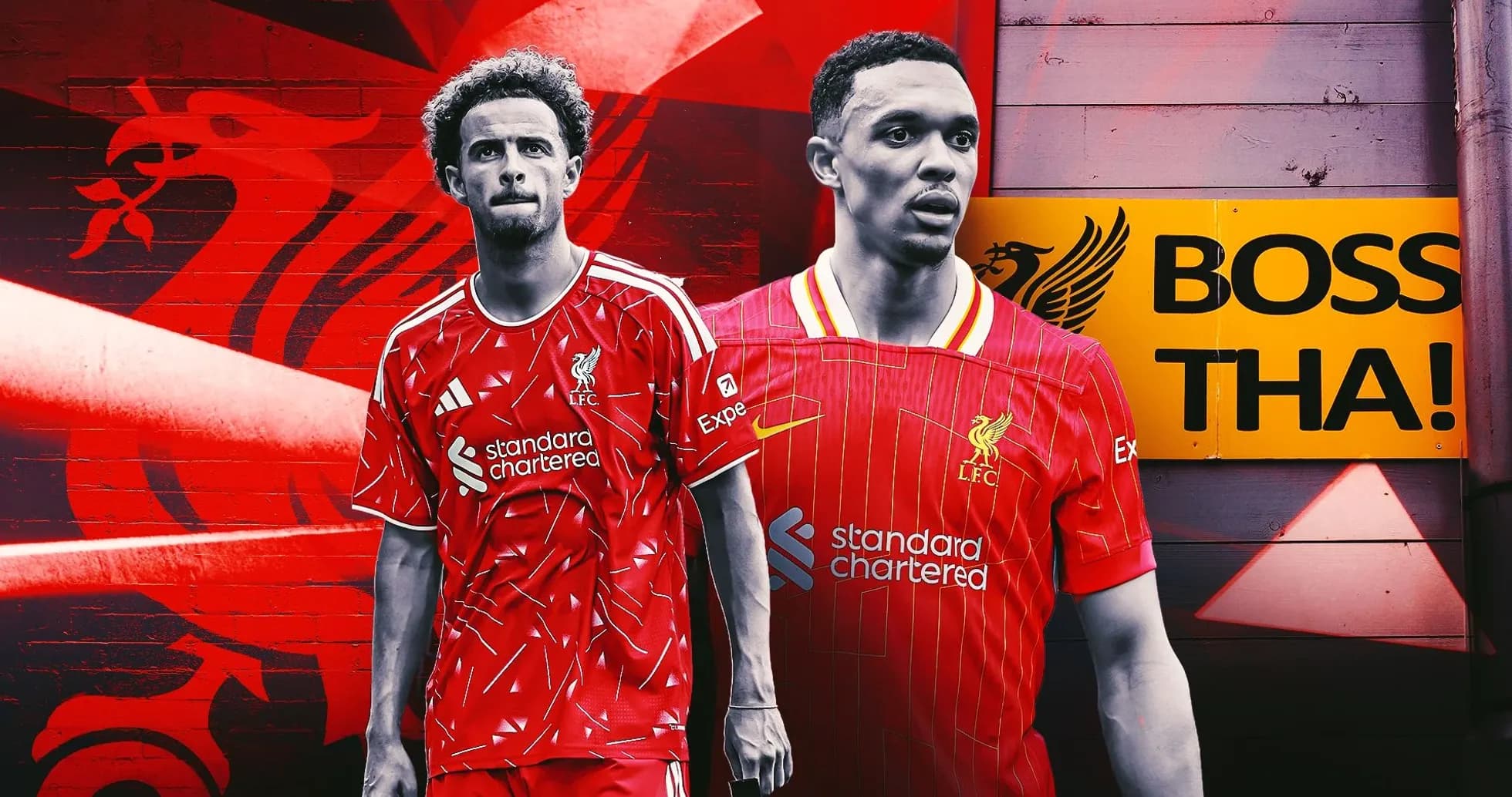 Two Liverpool players in home kits with graffiti background