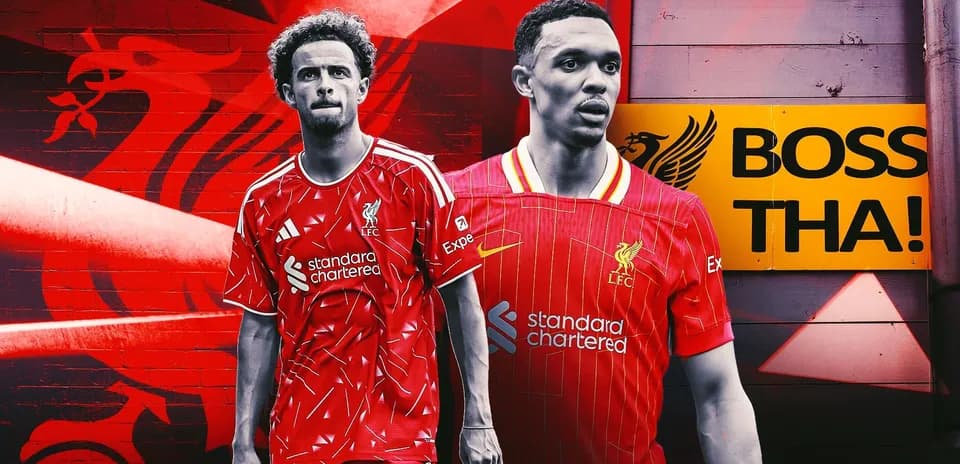 Two Liverpool players in home kits with graffiti background