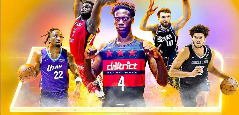 Five basketball players from different teams posing together