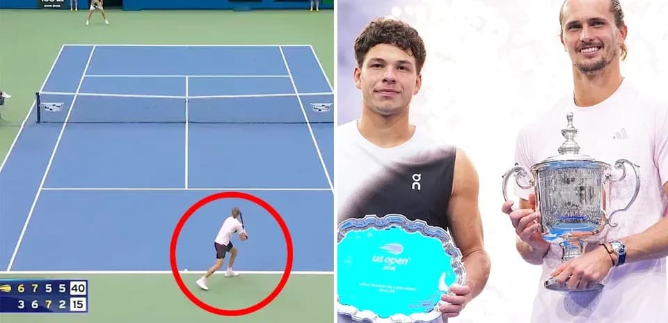 Tennis match action and winners holding trophies