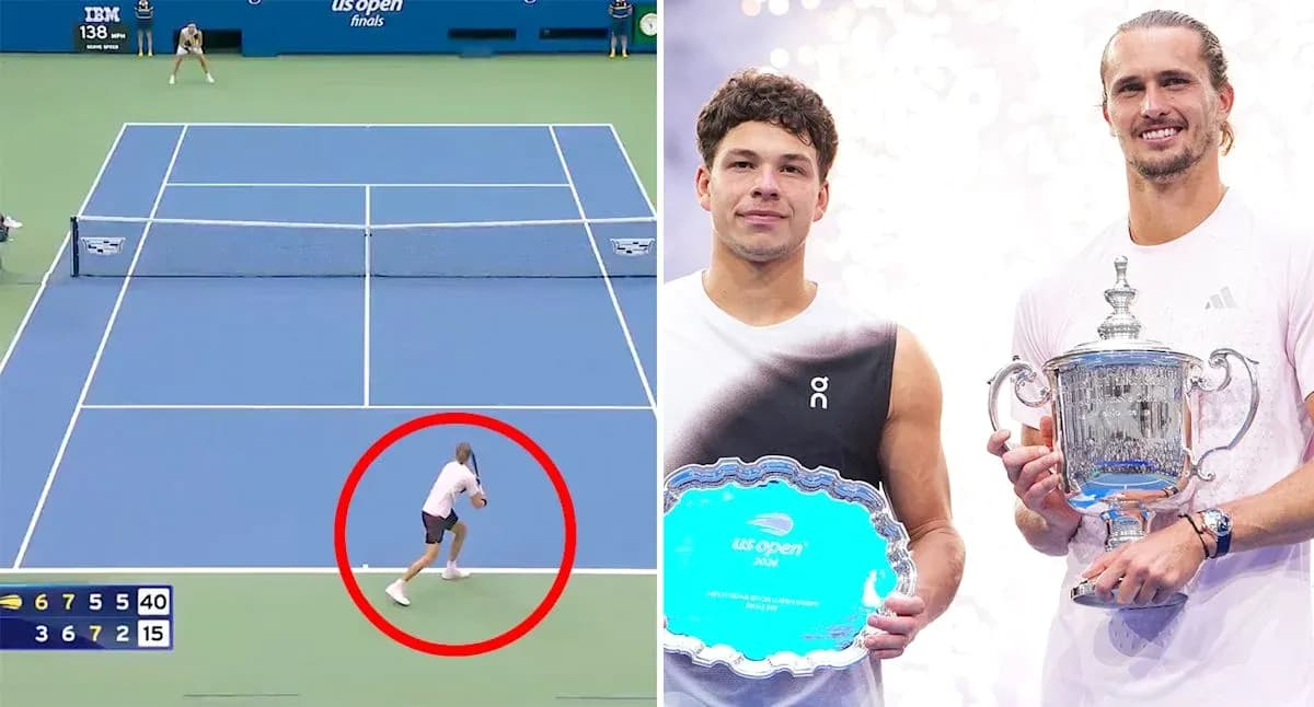 Tennis match action and winners holding trophies