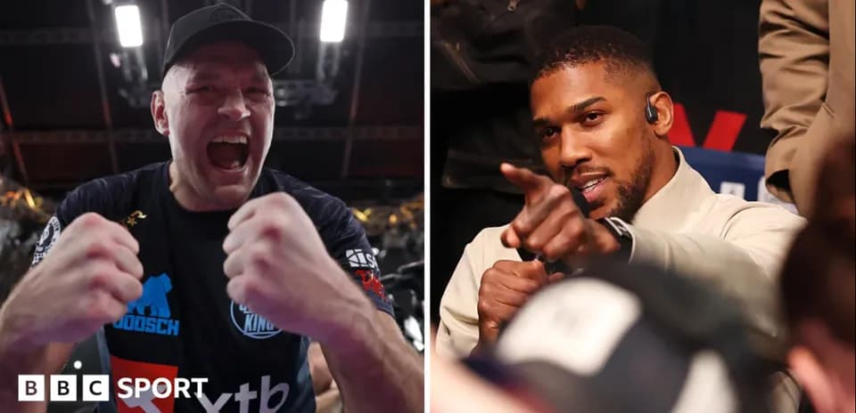 Tyson Fury celebrating and Anthony Joshua pointing in audience