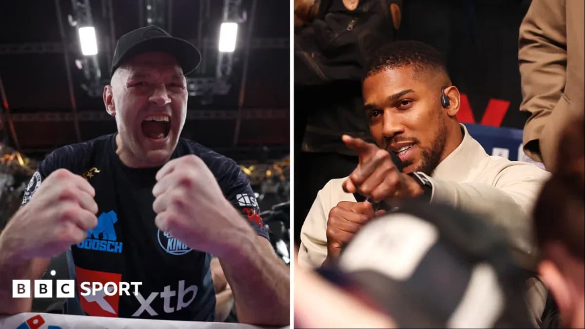 Tyson Fury celebrating and Anthony Joshua pointing in audience