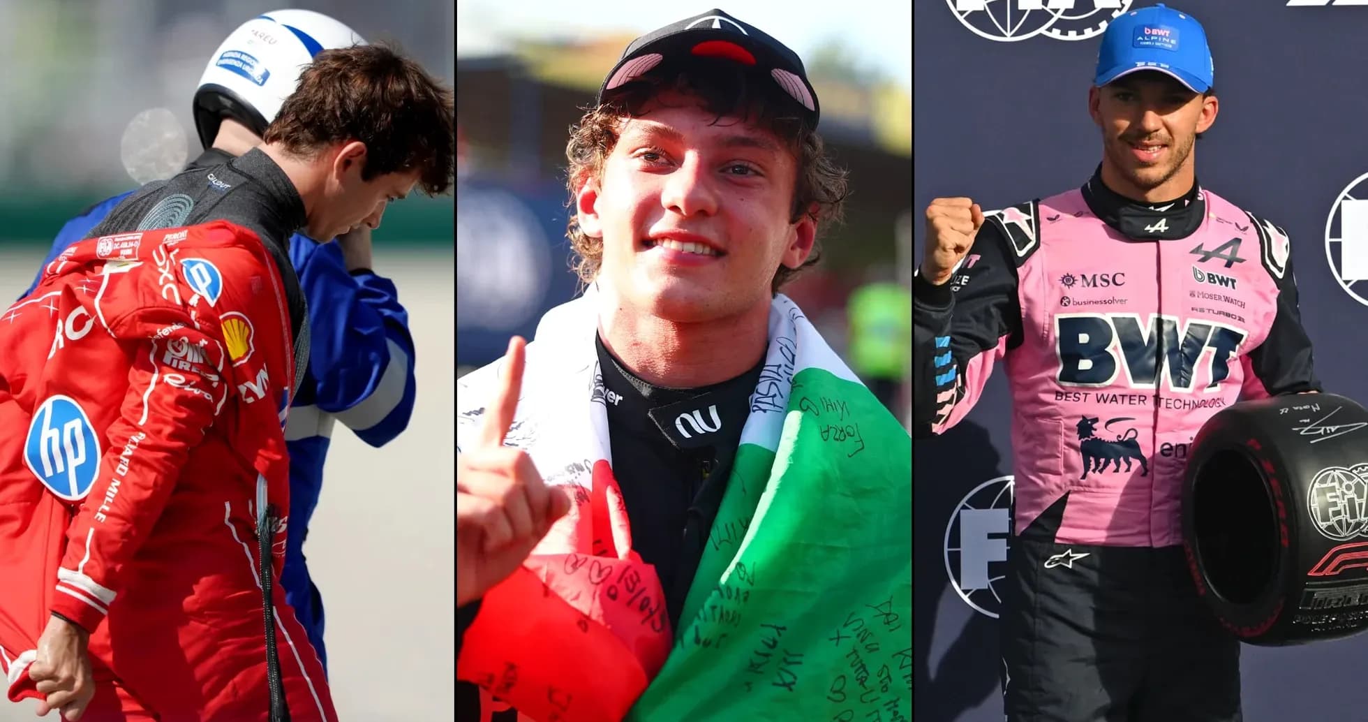 Three Formula 1 drivers in different poses