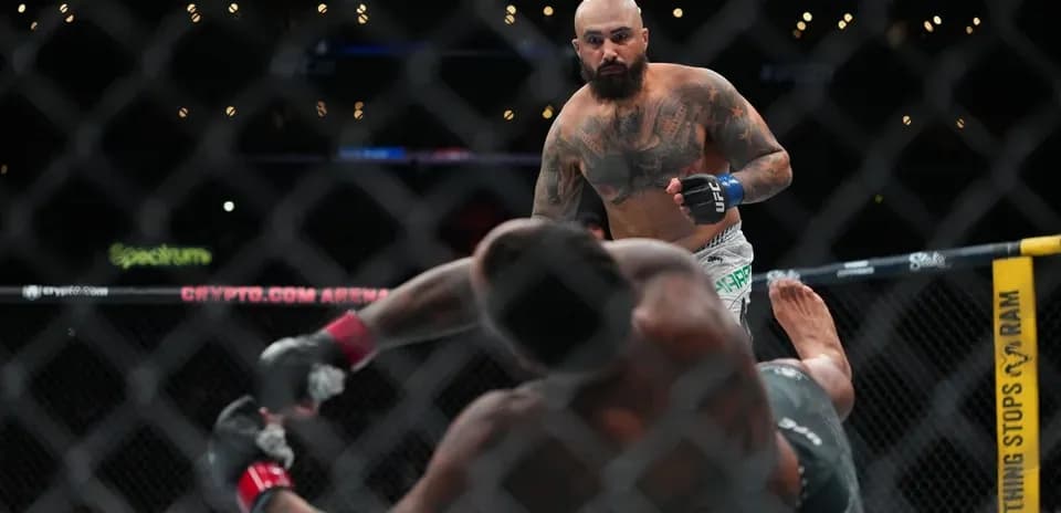 Fighter standing over opponent on the mat in octagon