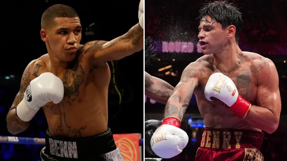 Two boxers throwing punches in the ring