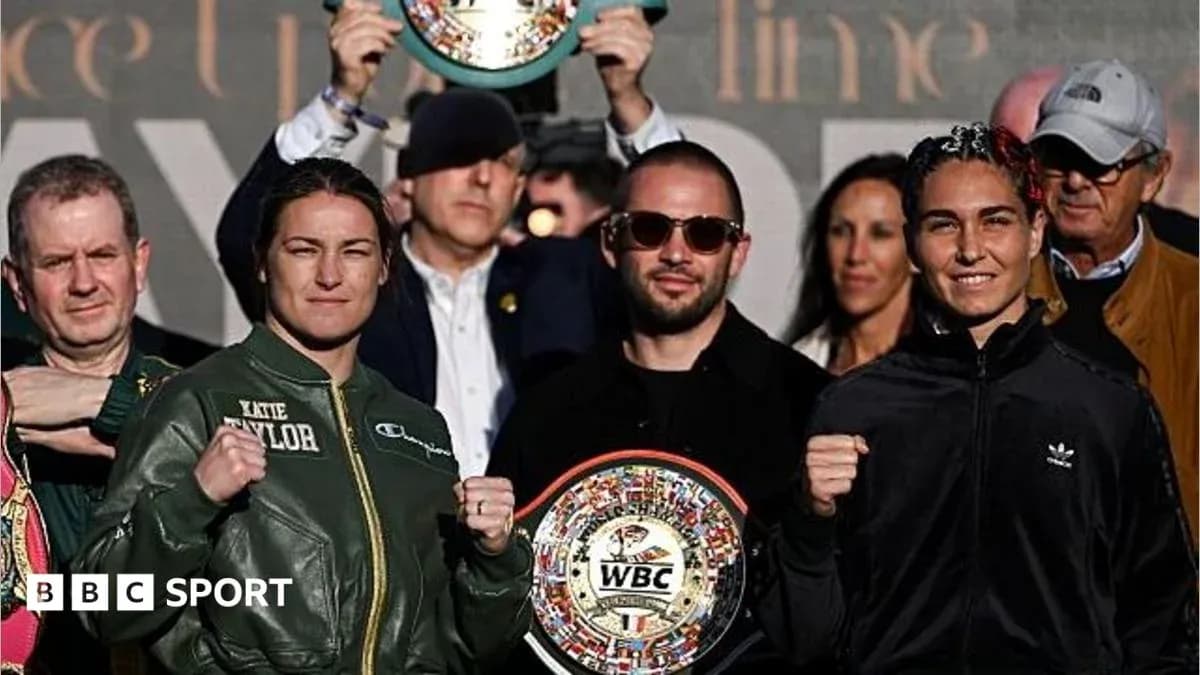 Katie Taylor and opponent at press conference holding belts