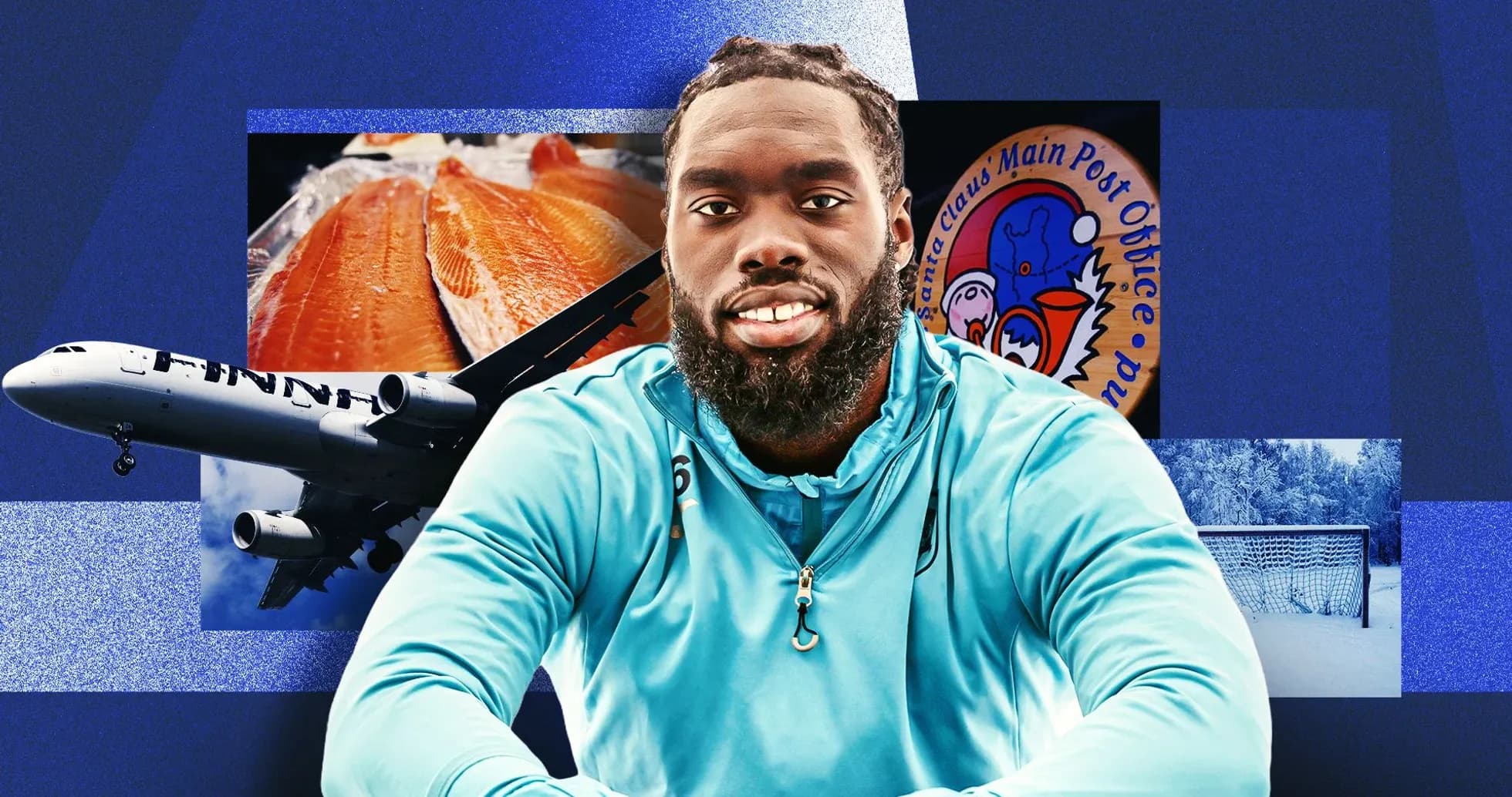 Athlete posing with various thematic background elements