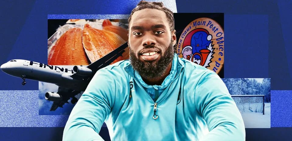 Athlete posing with various thematic background elements