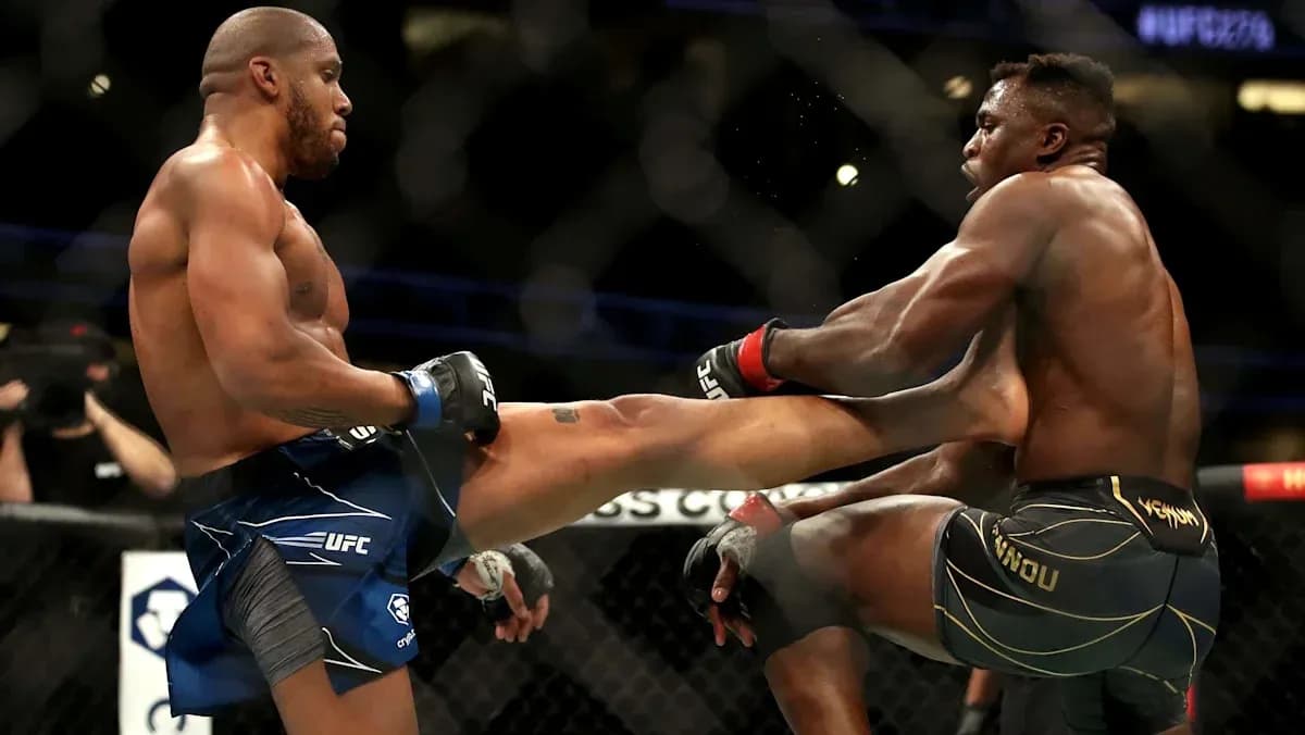 Two fighters exchanging strikes inside the octagon