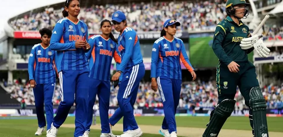 Indian cricket team walking off the field with Australian player