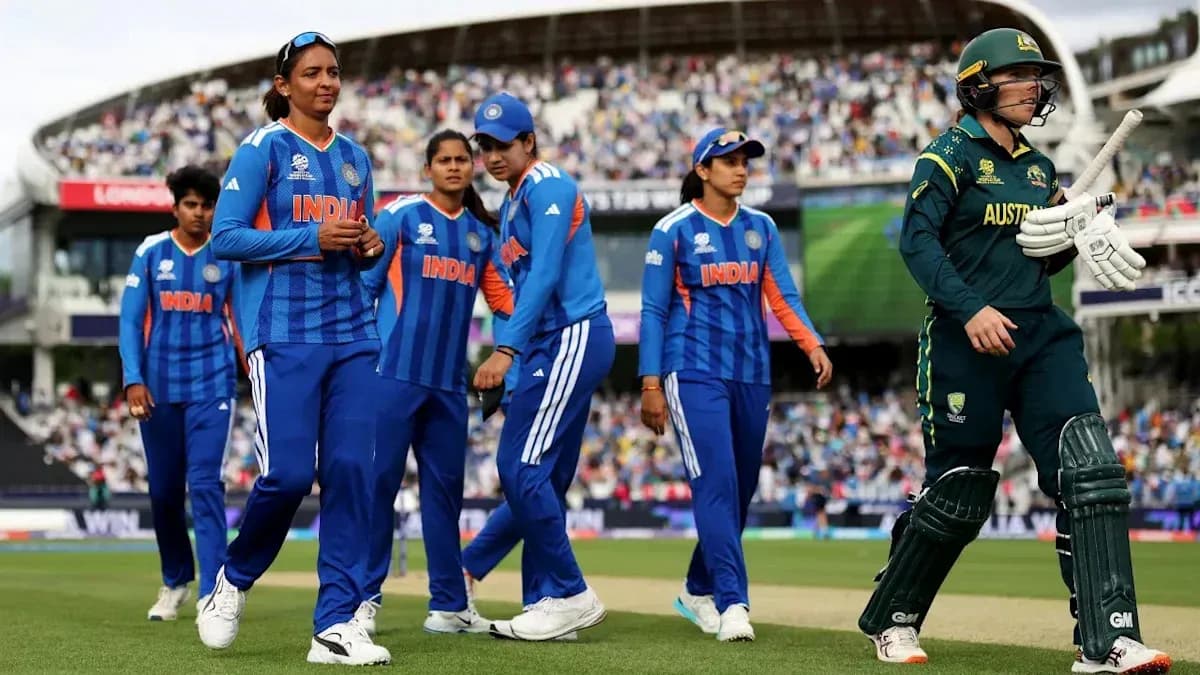 Indian cricket team walking off the field with Australian player