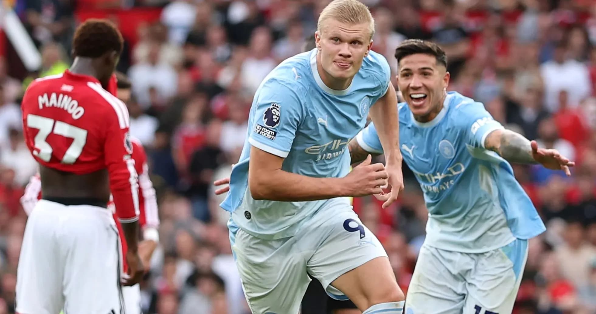 Manchester City players celebrating a goal during match