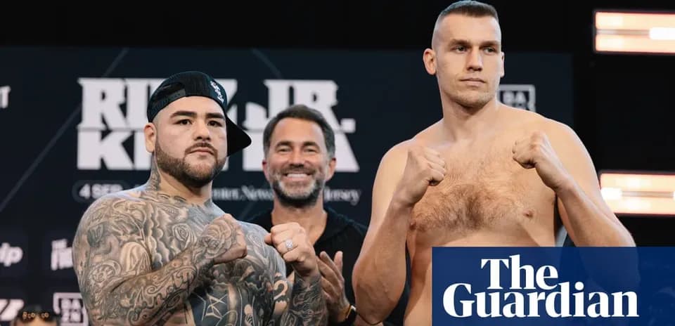 Two boxers posing at weigh-in event with promoter