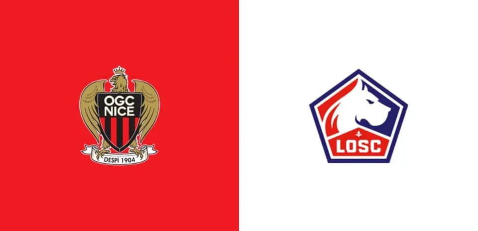 Logos of OGC Nice and LOSC Lille on contrasting backgrounds