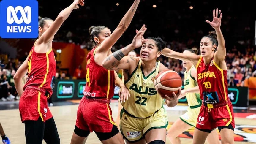 Player shooting during basketball match between Australia and Spain