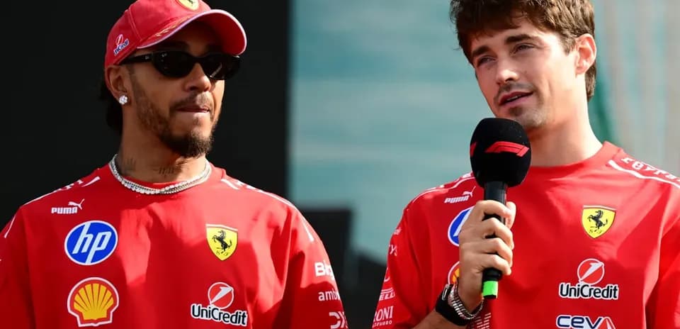 Two drivers speaking at a press event for Ferrari