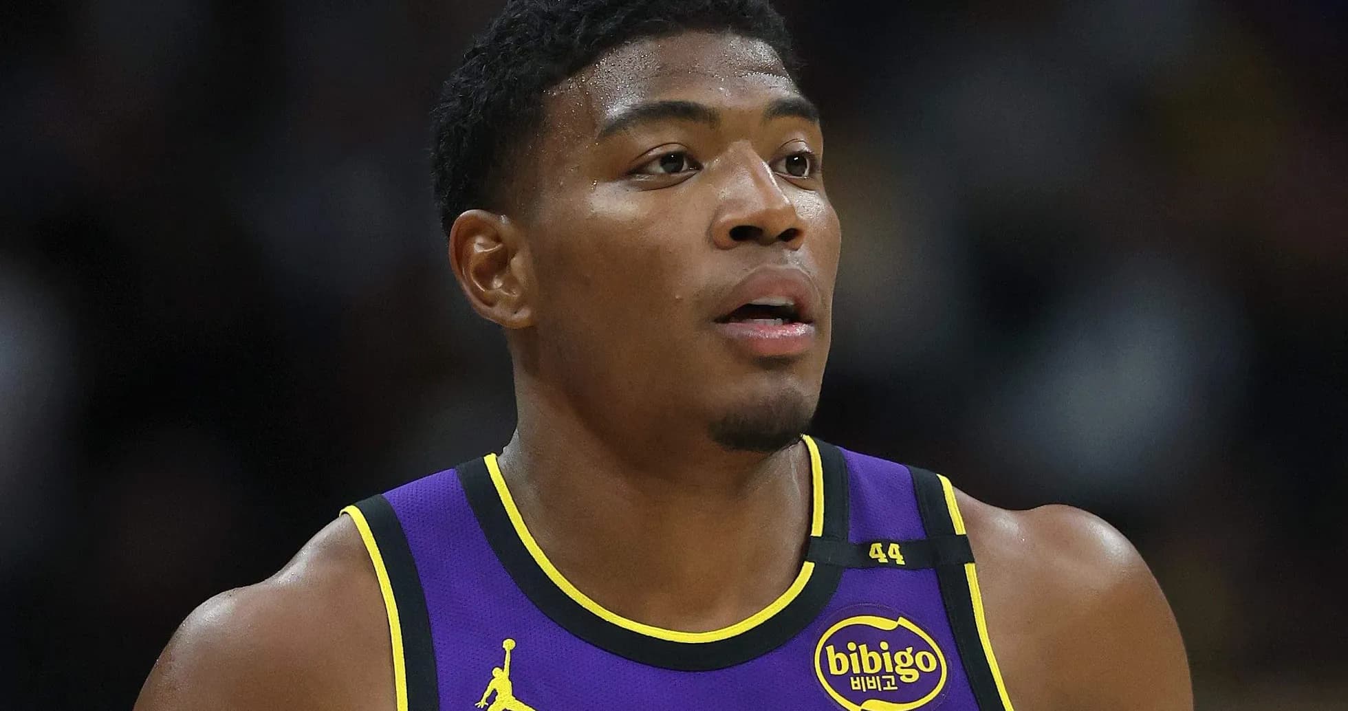 Player wearing Lakers jersey during game Player wearing Lakers jersey during game