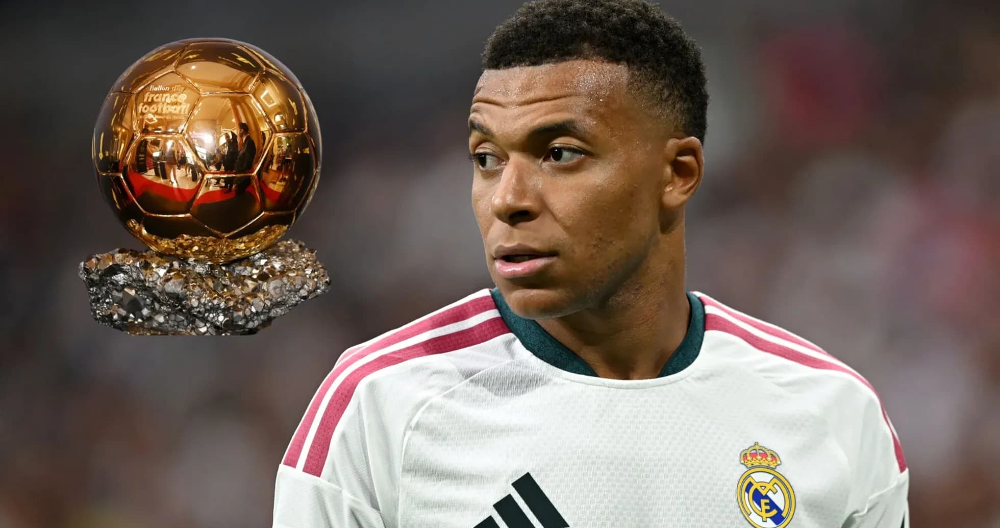 Player in Real Madrid jersey with Ballon d'Or trophy Player in Real Madrid jersey with Ballon d'Or trophy