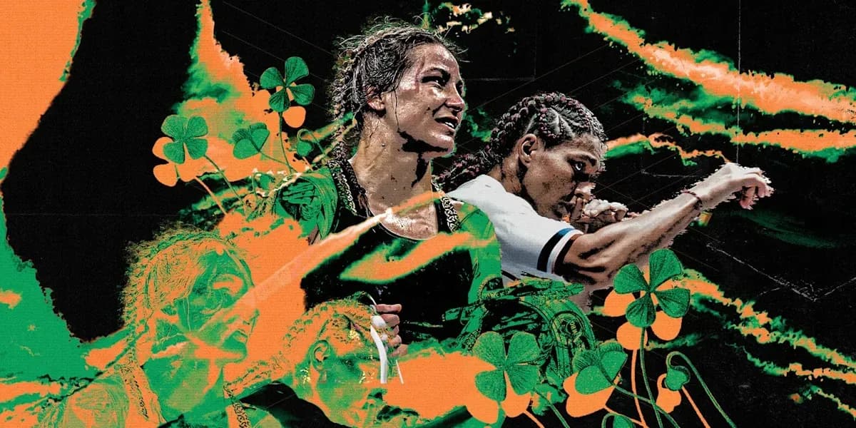 Two female fighters with colorful graphic background Two female fighters with colorful graphic background