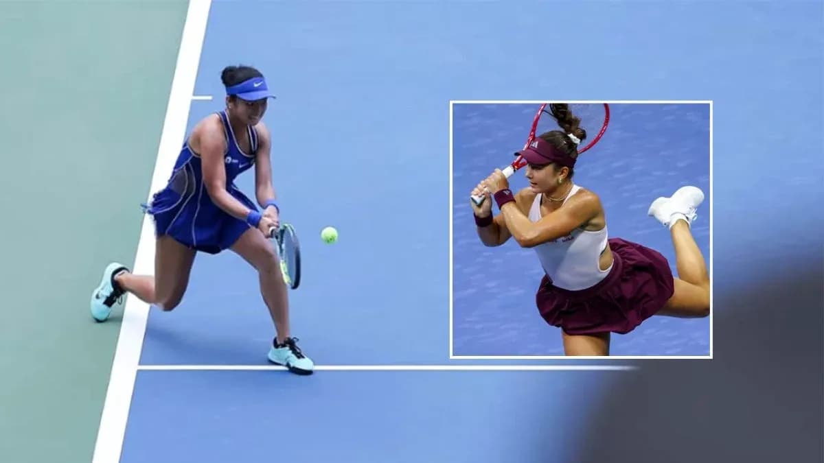 Female tennis player returning a shot on court Female tennis player returning a shot on court