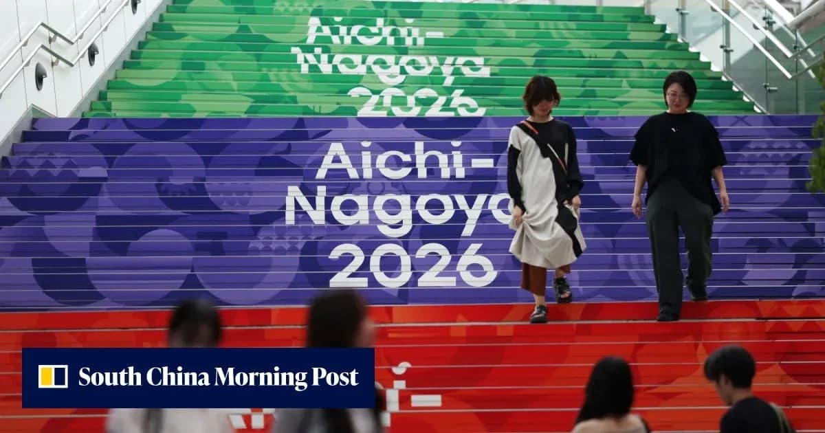 Two women walking down colorful Aichi-Nagoya 2026 steps Two women walking down colorful Aichi-Nagoya 2026 steps