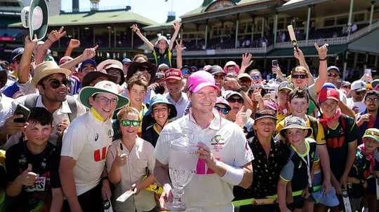 Steve Smith celebrating with fans after victory Steve Smith celebrating with fans after victory