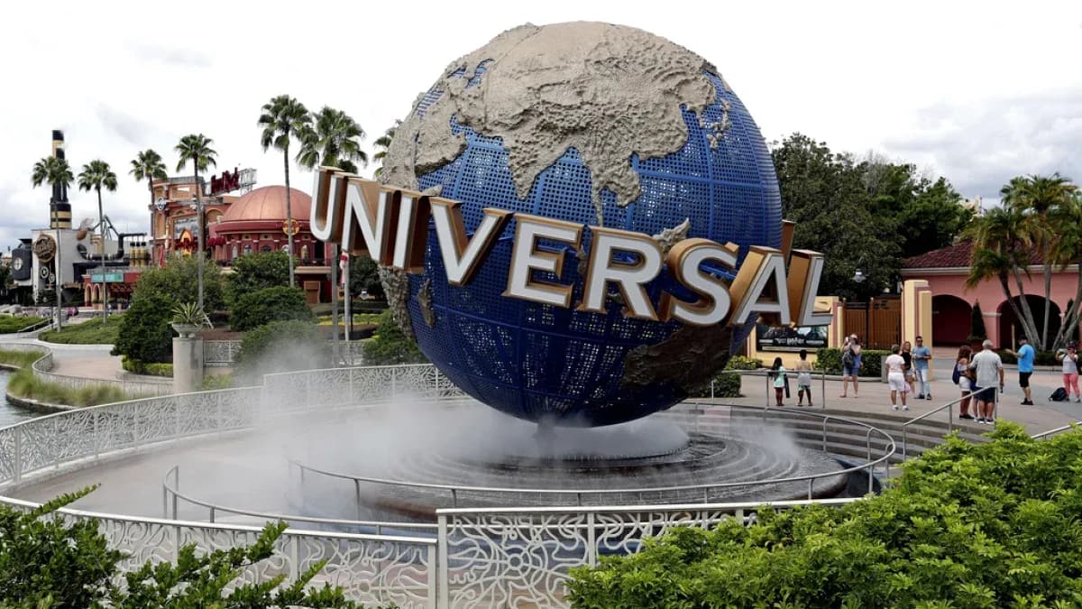 Universal Studios globe landmark at theme park entrance Universal Studios globe landmark at theme park entrance