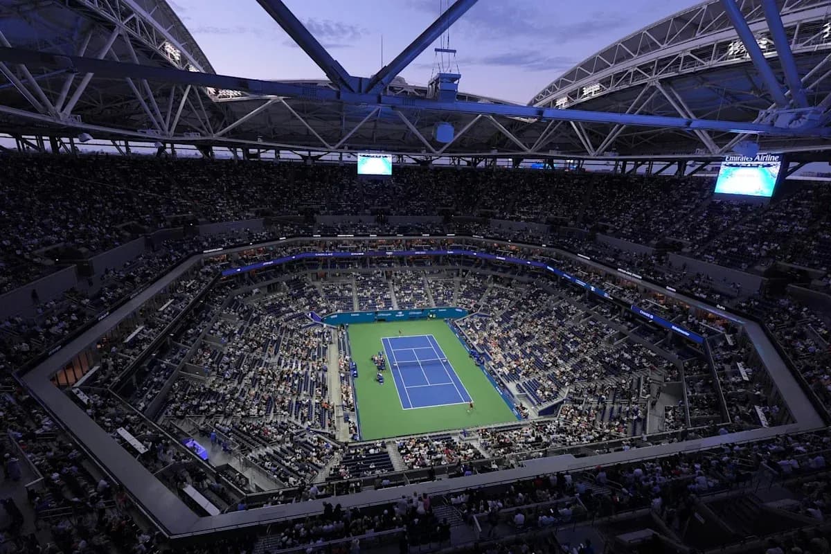 Empty tennis stadium during evening match Empty tennis stadium during evening match