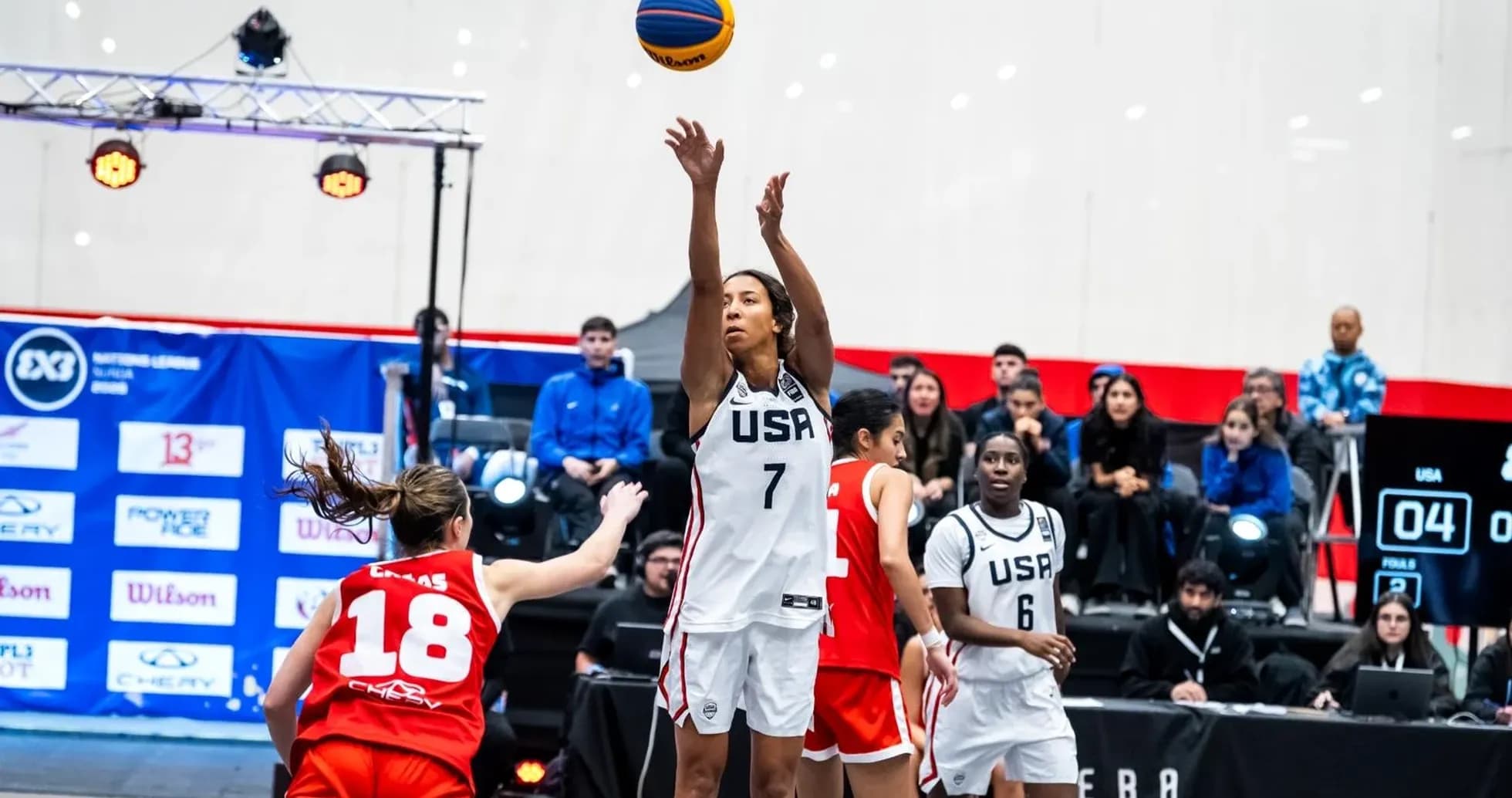USA player shooting a basketball during match USA player shooting a basketball during match