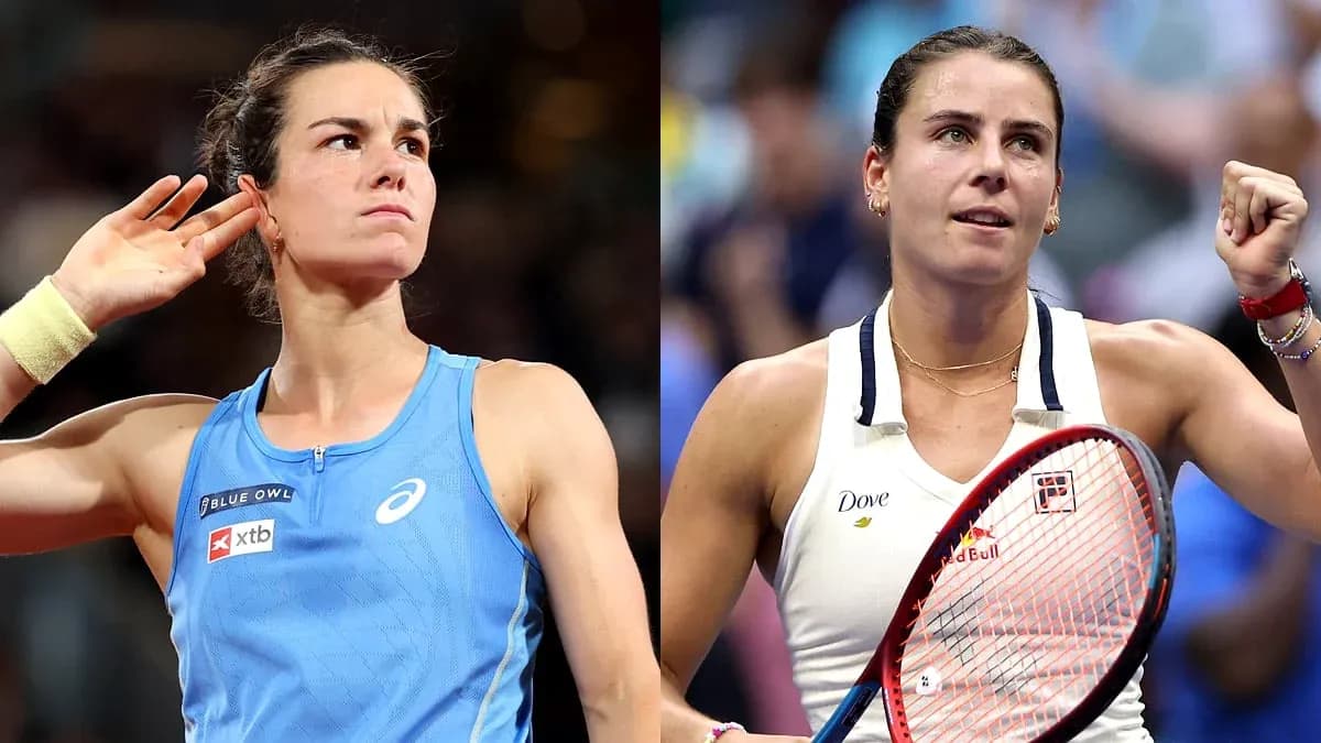 Two female tennis players celebrating on court Two female tennis players celebrating on court