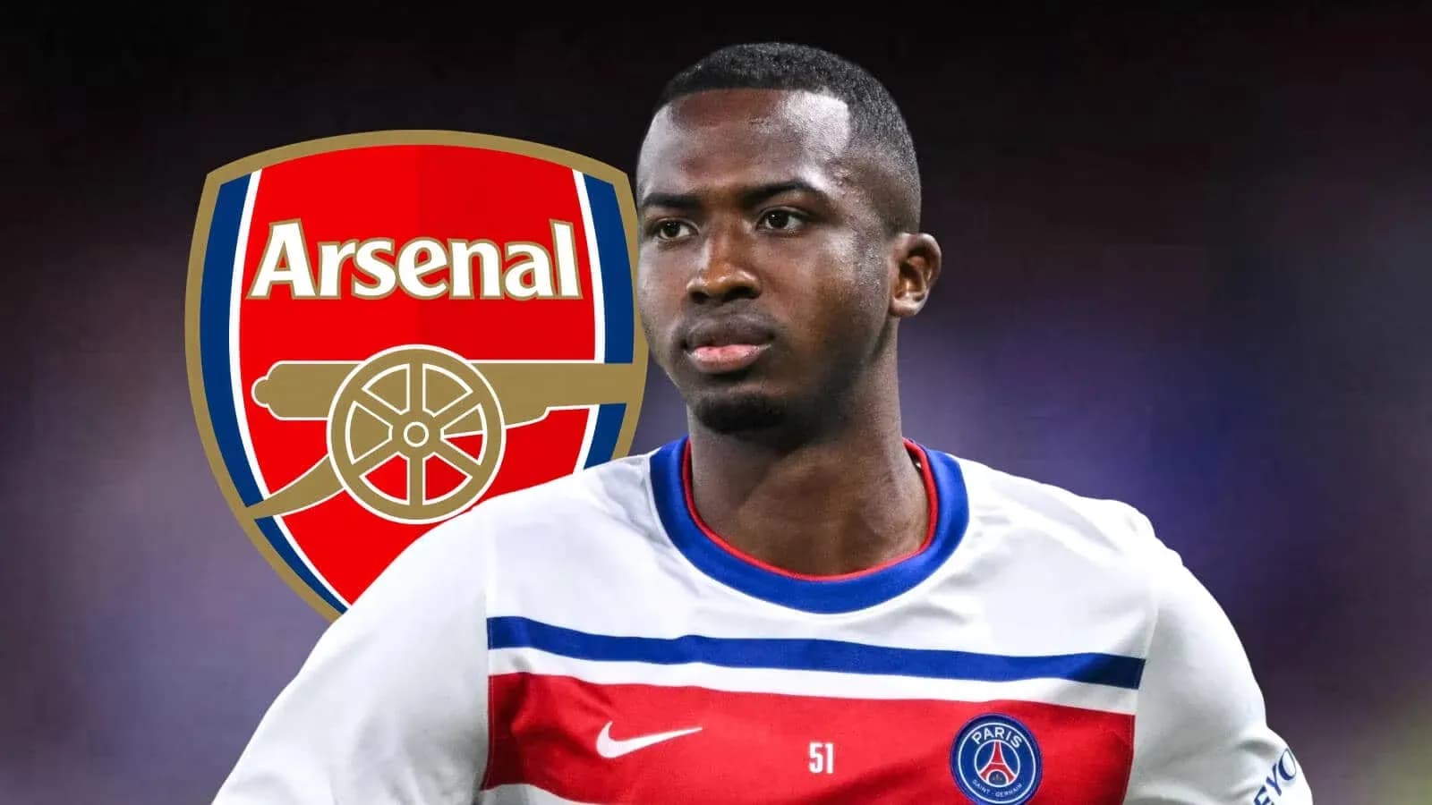 Player in PSG jersey with Arsenal logo background Player in PSG jersey with Arsenal logo background