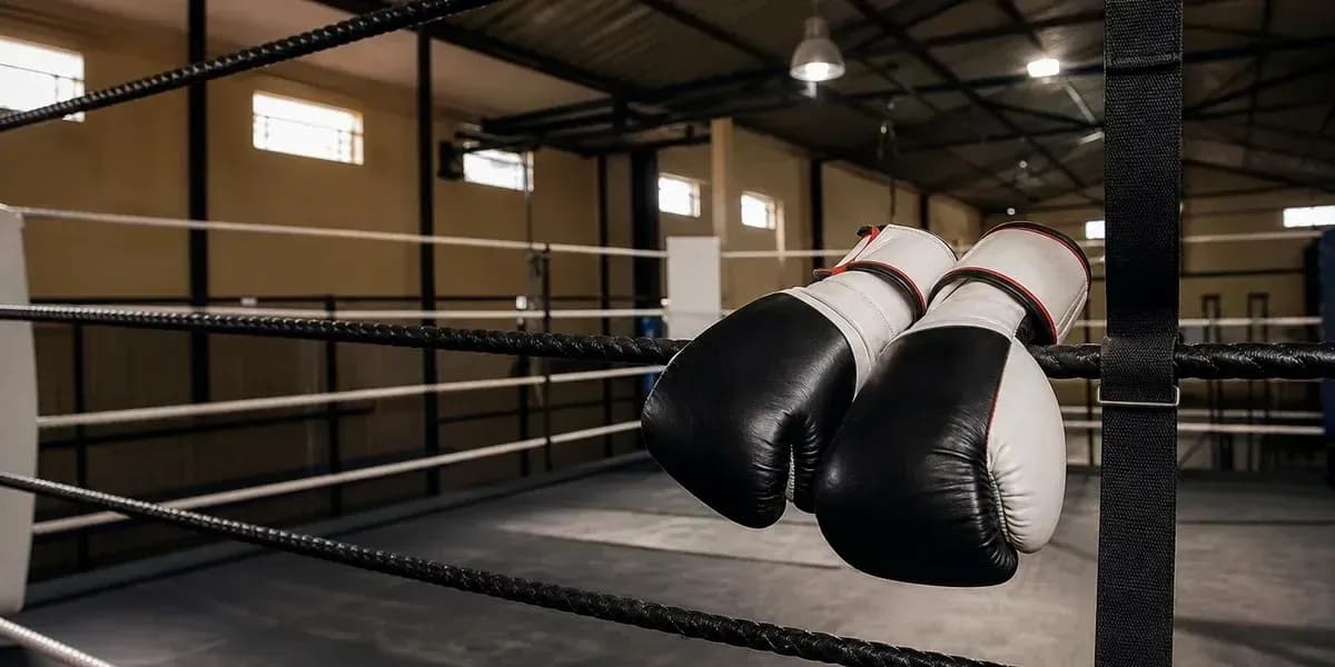 Boxing gloves hanging on ring ropes Boxing gloves hanging on ring ropes