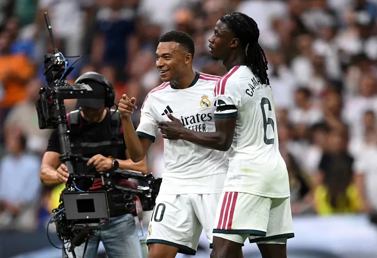 Mbappé celebrating with Camavinga during match Mbappé celebrating with Camavinga during match