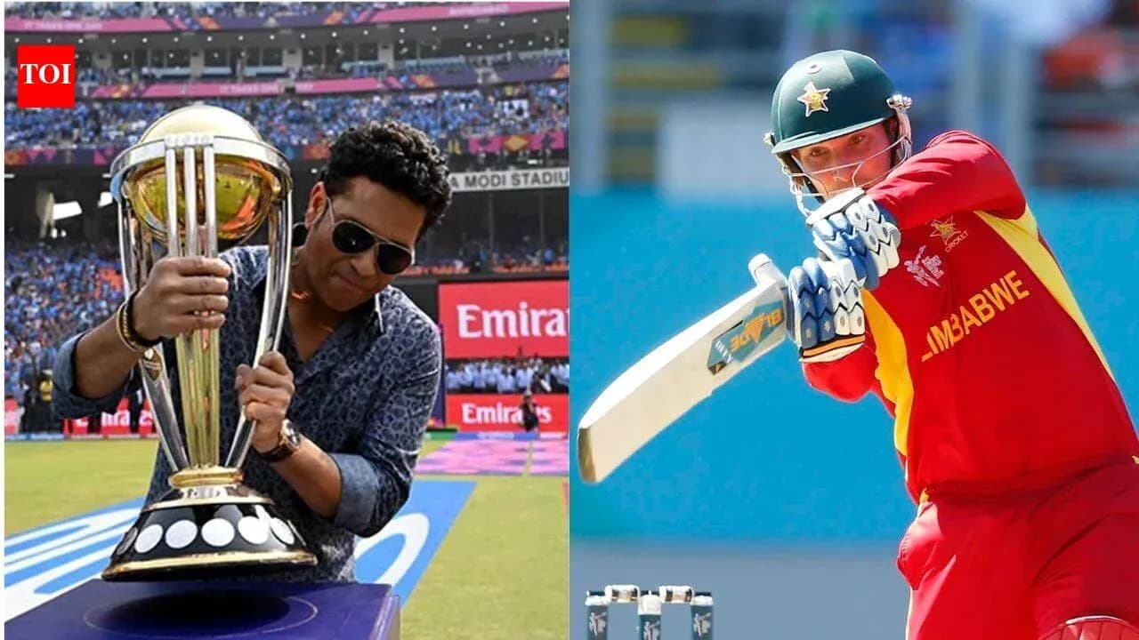 Sachin Tendulkar holding a trophy and batsman playing Sachin Tendulkar holding a trophy and batsman playing