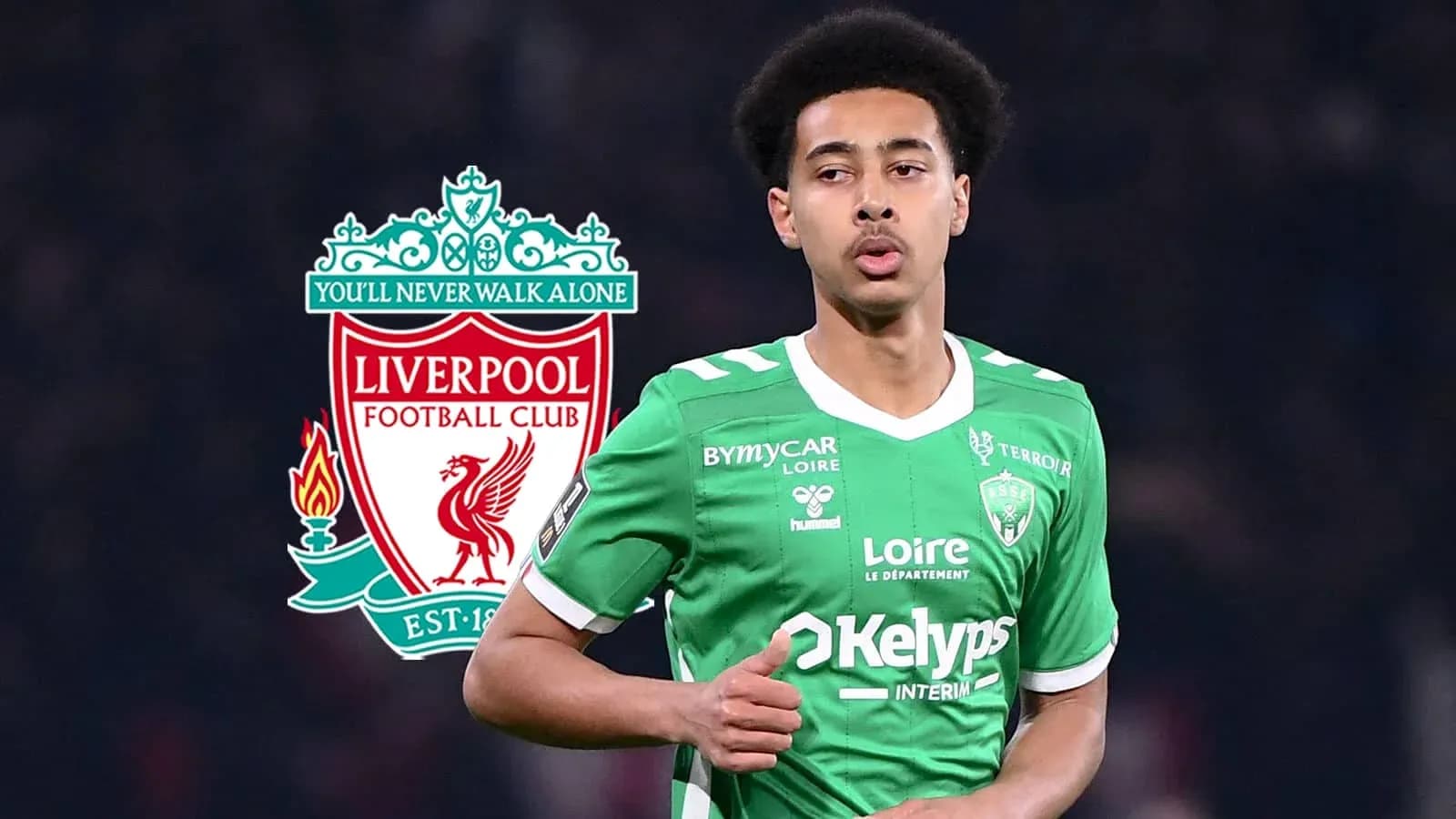 Player in green jersey with Liverpool logo in background Player in green jersey with Liverpool logo in background
