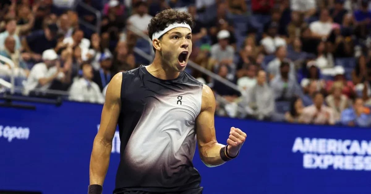 Tennis player celebrating during US Open match Tennis player celebrating during US Open match