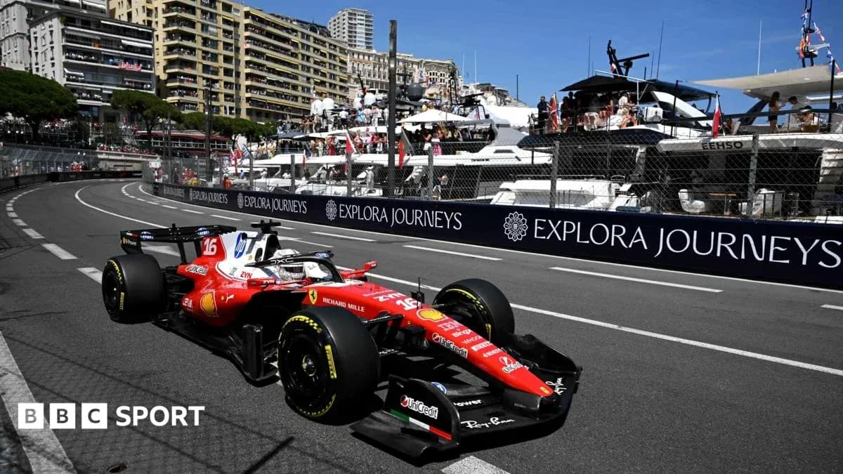 Ferrari car racing around a corner in Monaco Ferrari car racing around a corner in Monaco