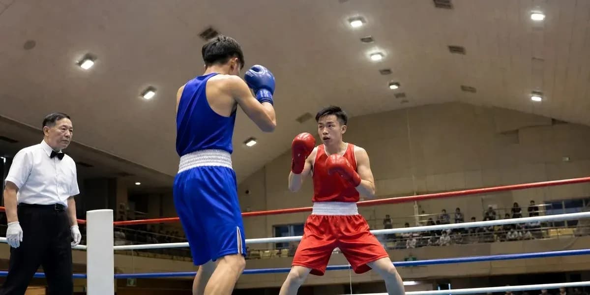 Two boxers competing in the ring during match Two boxers competing in the ring during match
