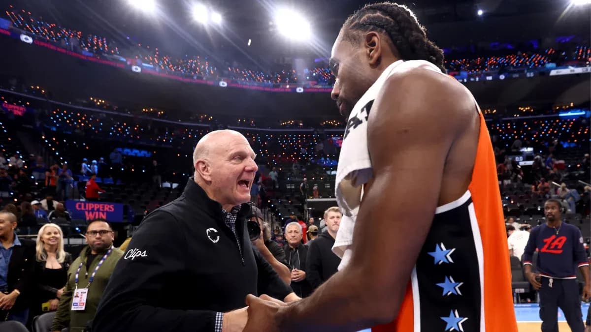 Steve Ballmer and Kawhi Leonard celebrating after game Steve Ballmer and Kawhi Leonard celebrating after game