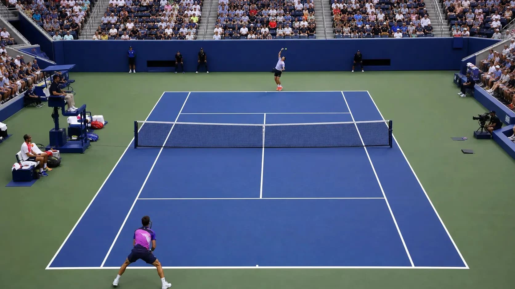 Player serving during a tennis match on court Player serving during a tennis match on court