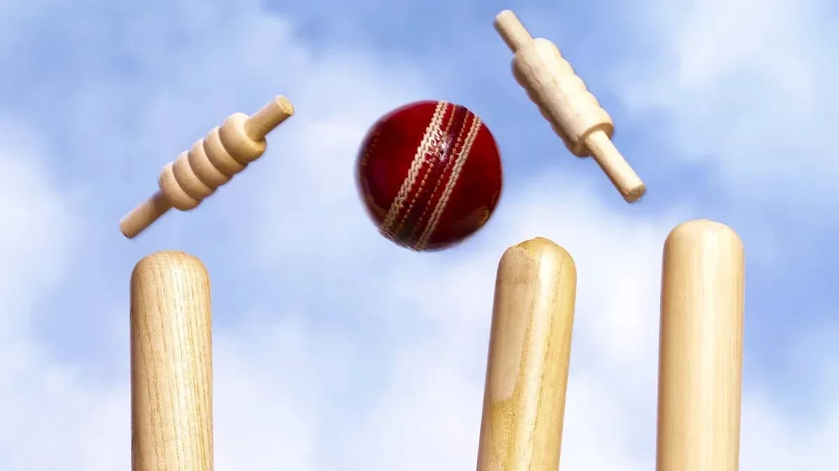 Cricket ball hitting wooden stumps and bails Cricket ball hitting wooden stumps and bails