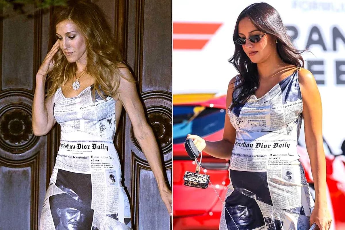 Two women in newspaper print dresses outdoors Two women in newspaper print dresses outdoors
