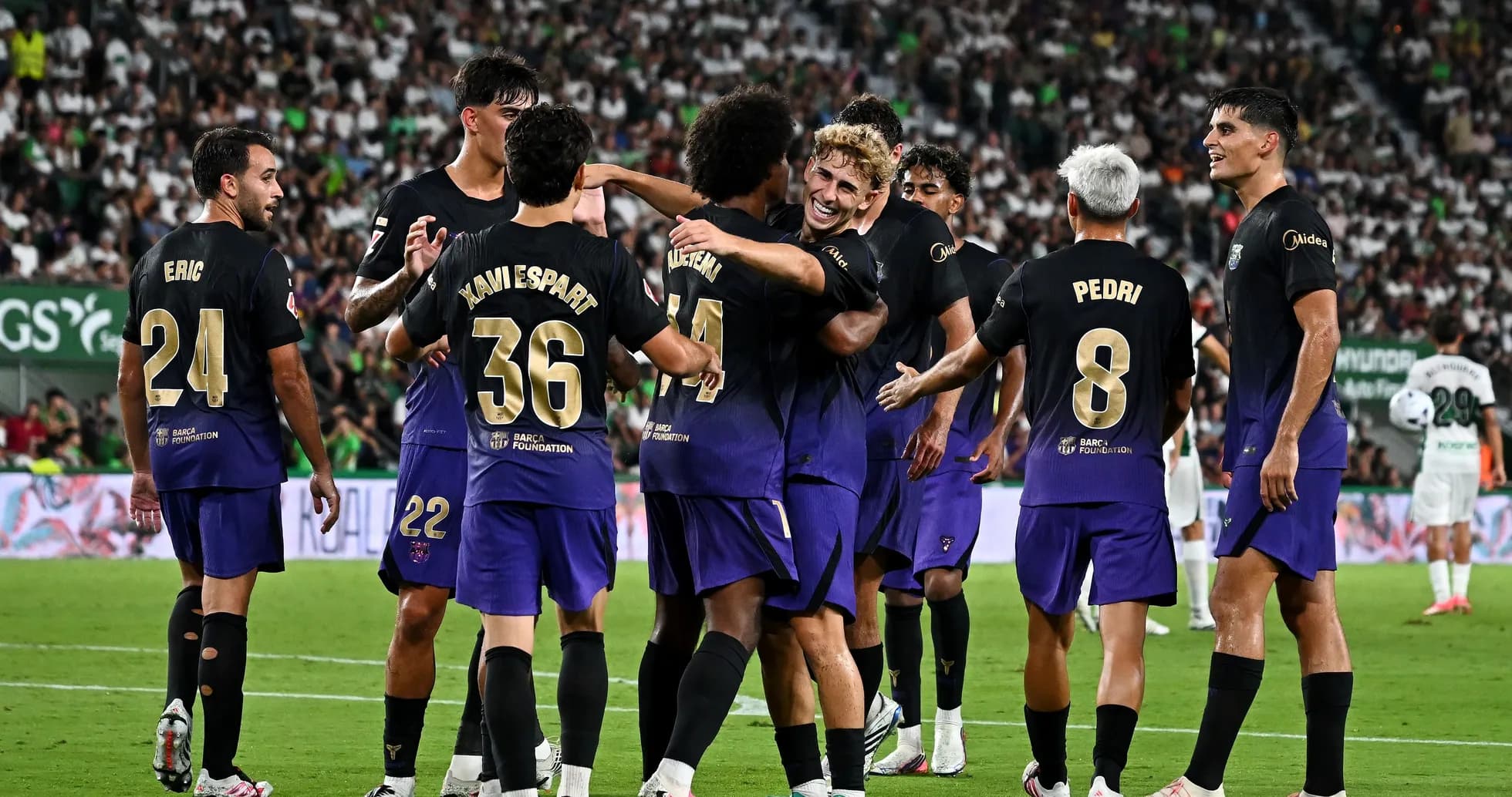 Barcelona players celebrating a goal during match Barcelona players celebrating a goal during match