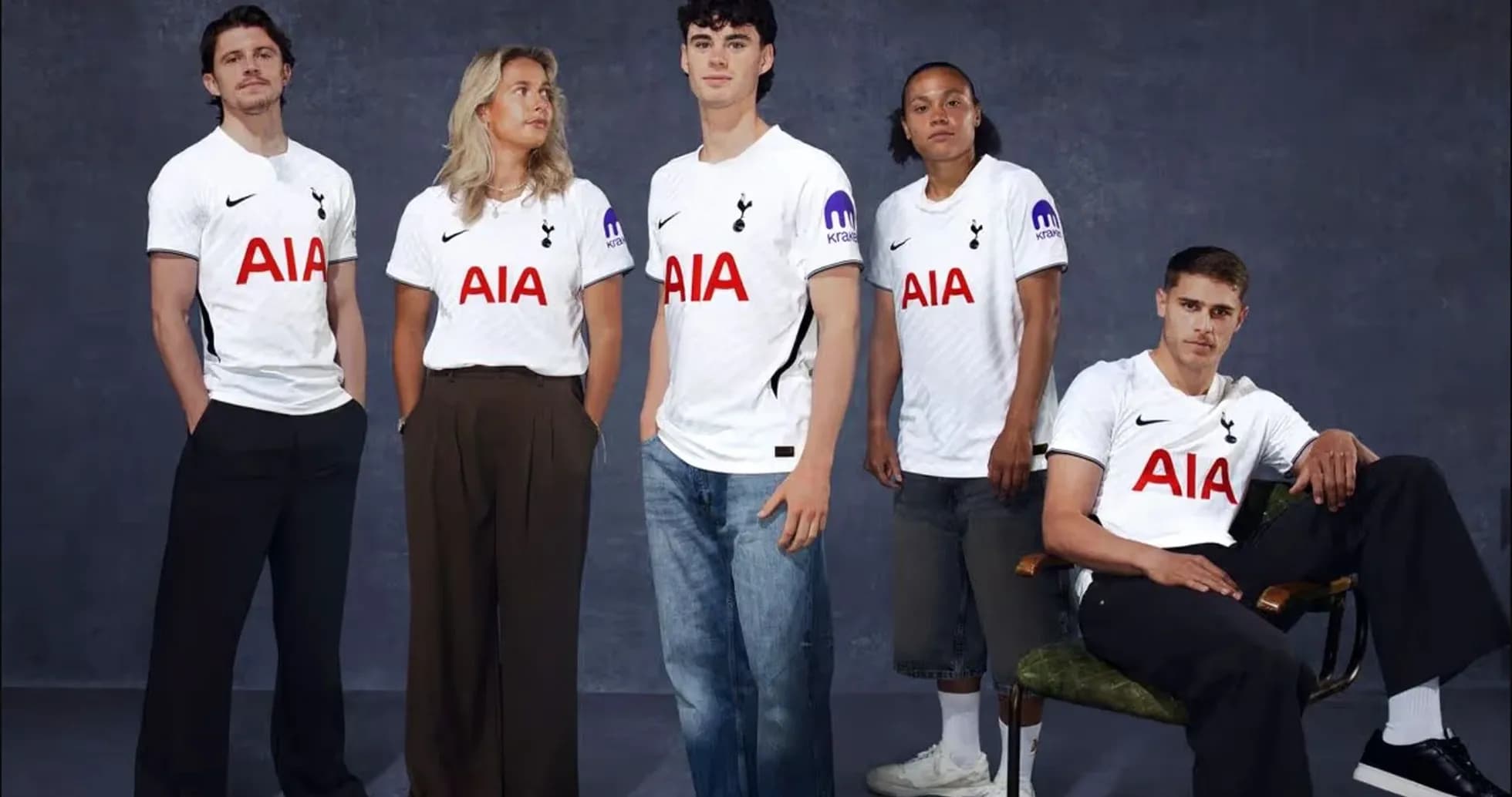 Five individuals wearing Tottenham Hotspur jerseys Five individuals wearing Tottenham Hotspur jerseys